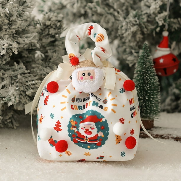 Bolsa de Regalo Navideña Xrw250821002 | Bolsa de Tela Blanca con Cordón y Lazo Rojo Estampado En Dorado | Bolsa Decorativa Reutilizable para Guardar Frutas, Adornos y Exhibir En La Mesa