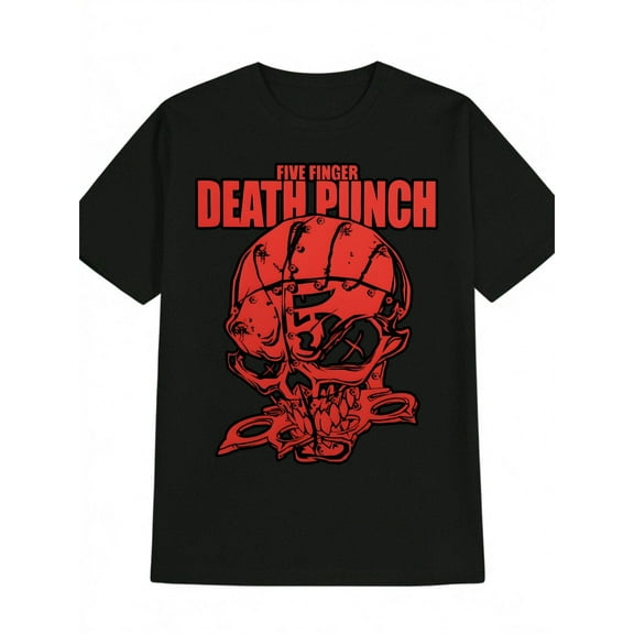 Men'S Casual Crew Neck T-Shirt with Skull and "Five Finger Death Punch" Print - Black Polyester, Summer Gift for Music Fans, Casual Summer Wear | Skull Print Shirt | Polyester Fabric