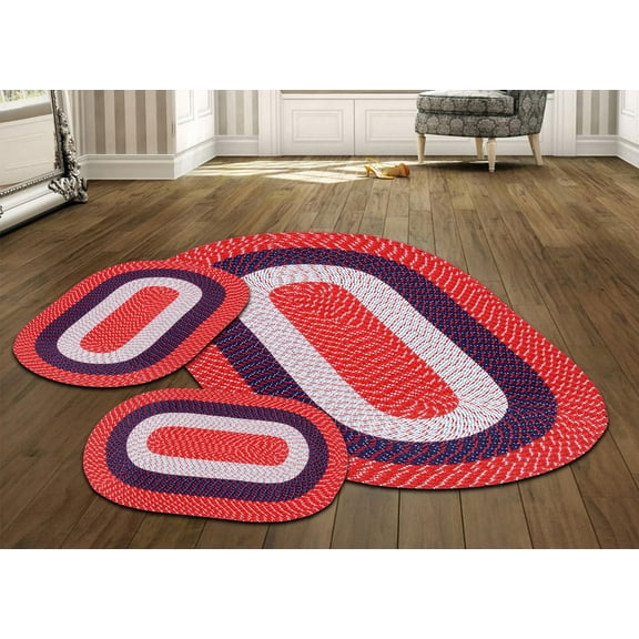 Better Trends 3 Piece Braided Rug Set, 100% Polypropylene Indoor Area Rugs Durable & Reversible, Country Collection - Americana Stripe