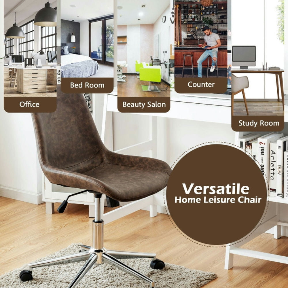 Demi Bonn Leather Armless Adjustable Mid-Back Office Chair for Home, Bedroom, Study, Rolling Work Computer Desk Chair, Brown