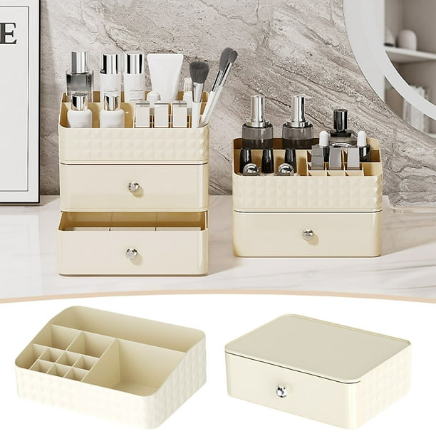 Organizador de Maquillaje de Escritorio Cream Wind | Caja de Almacenamiento de Cosméticos de Gran Capacidad con Tapa | Organizador de Belleza de Plástico de 24 X 17 X 7 Cm para Brochas y Accesorios