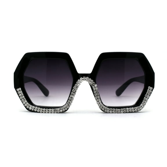 Womens Heavy Iced Rhinestone Band Hexagon Plastic Sunglasses Black Smoke