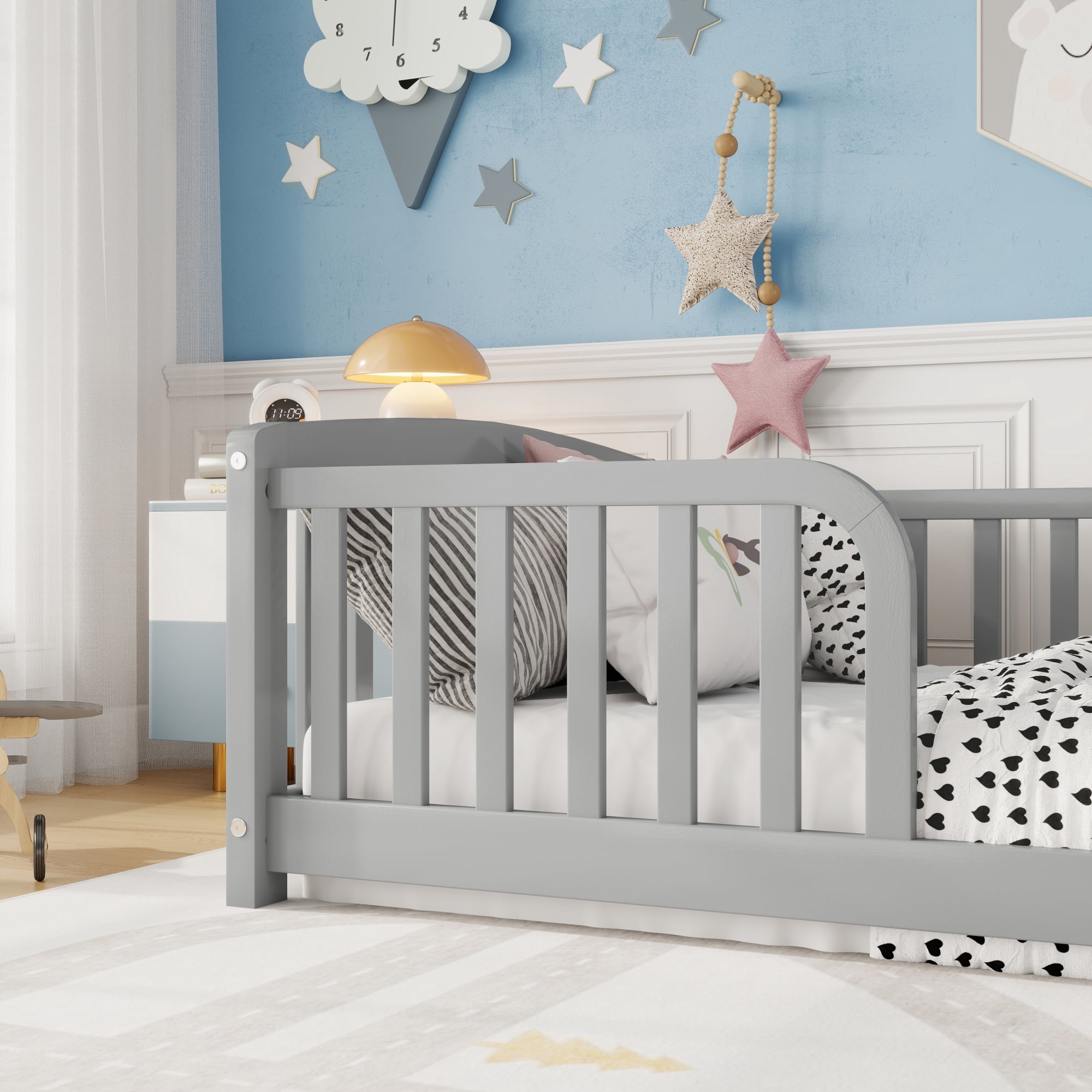 Leumius Twin Size Floor Fence Bed with Central Entrance, Pine Wood Floor Bed with Guardrails for Boys Girls Grey