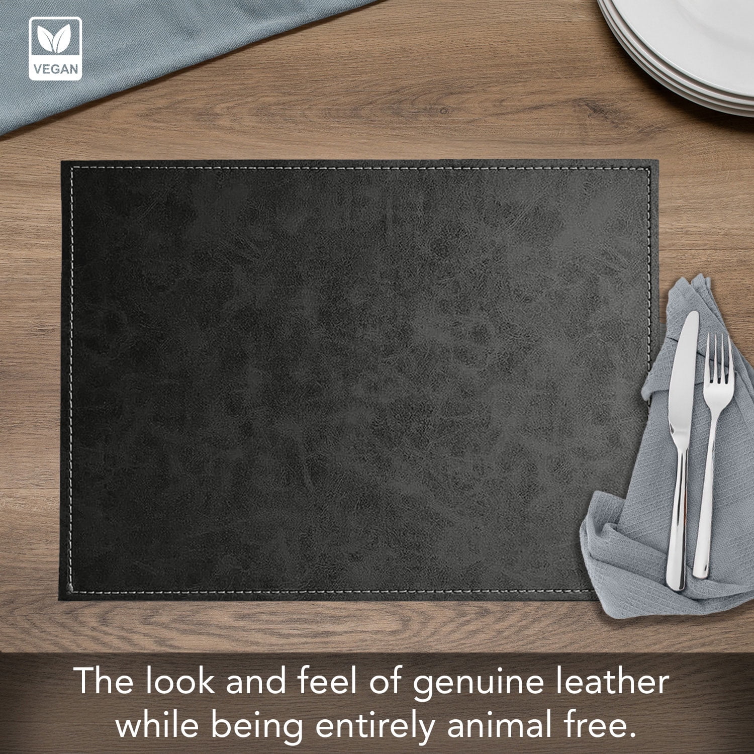 Luxurious Black Vegan Leather Placemats 4 Pack Look and Feel of Genuine Leather Infused with Copper