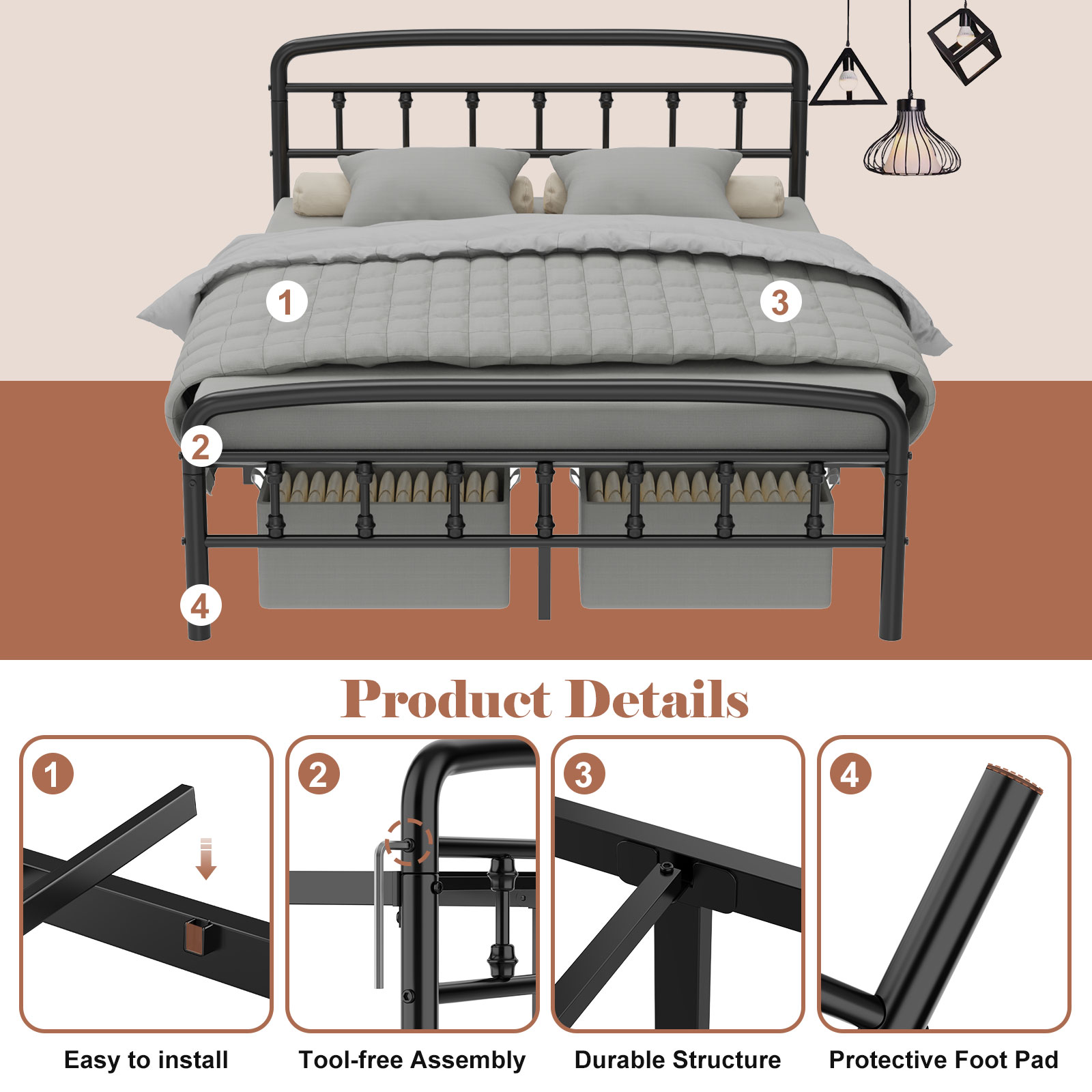 Kinsfook Metal Full Size Bed Frame with Victorian Headboard, Black photo 4