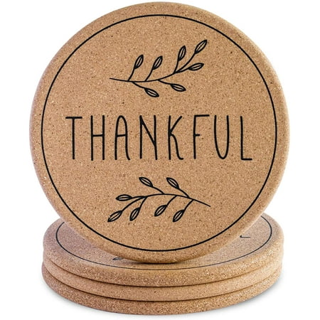 Perfect Housewarming Gift - Cork Trivet Hot Pads for Kitchen Counter | Set of 4 | 7.3 inches | Farmhouse Holder for Hot Dishes | Thankful