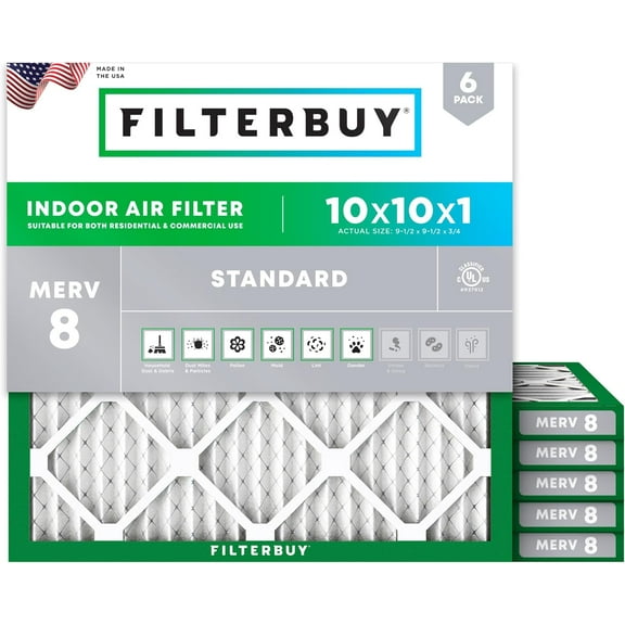 Filterbuy 10x10x1 MERV 8 Dust Defense, Pleated HVAC AC Furnace Air Filters (6-Pack)