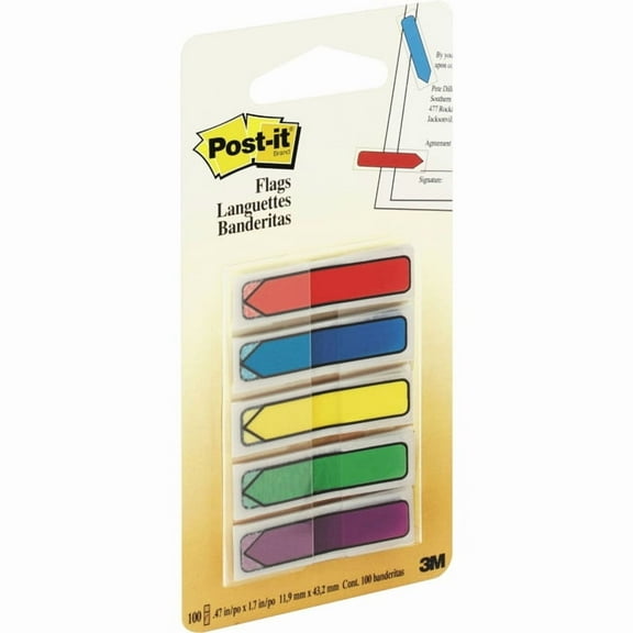 Post-it Arrow Flag With Dispenser - 20 x Blue, 20 x Green, 20 x Purple, 20 x Red, 20 x Yellow - 0.50" x 1.75" - Assorted - Removable, Self-adhesive - 100 / Pack