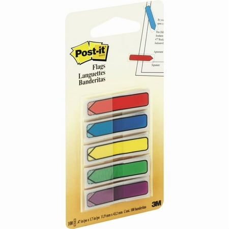Post-it Arrow Flag With Dispenser - 20 x Blue, 20 x Green, 20 x Purple, 20 x Red, 20 x Yellow - 0.50" x 1.75" - Assorted - Removable, Self-adhesive - 100 / Pack
