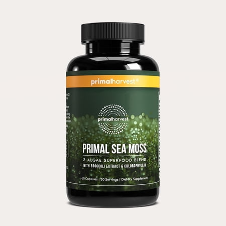 Primal Harvest Sea Moss Capsules with Bladderwrack, Irish Sea Moss, Chlorella, Broccoli Seed Extract, Plant-Based, Gluten-Free, Vegan, 60 Count