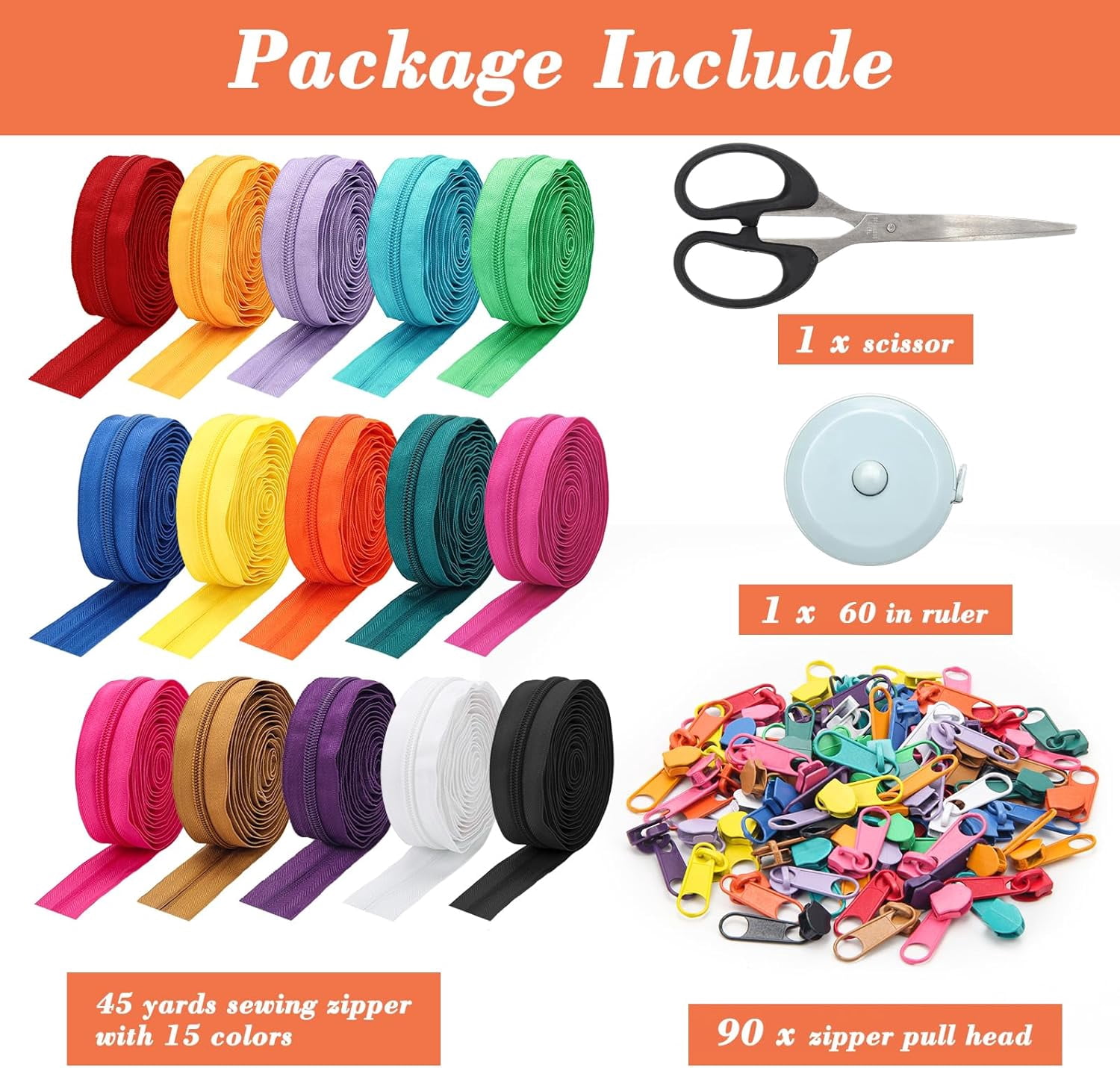 Plutput 45 Yards 15 Colors #5 Nylon Coil Zippers with 90Pcs Pull Heads, Scissor, Ruler, Assorted Lengths Sewing Zipper for DIY Sewing Crafts Zipper Tape for Craft Making Supplies Kit