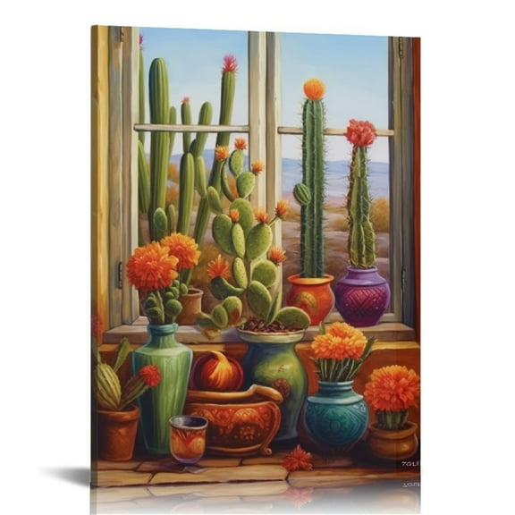 ARISTURING Mexican Style Canvas Wall Art Prints,Modern Concise Mexican Culture Folk Landscape Outside The Window Cactus Desert Retro Poster Funky Art Decorative for Bedroom Living Room