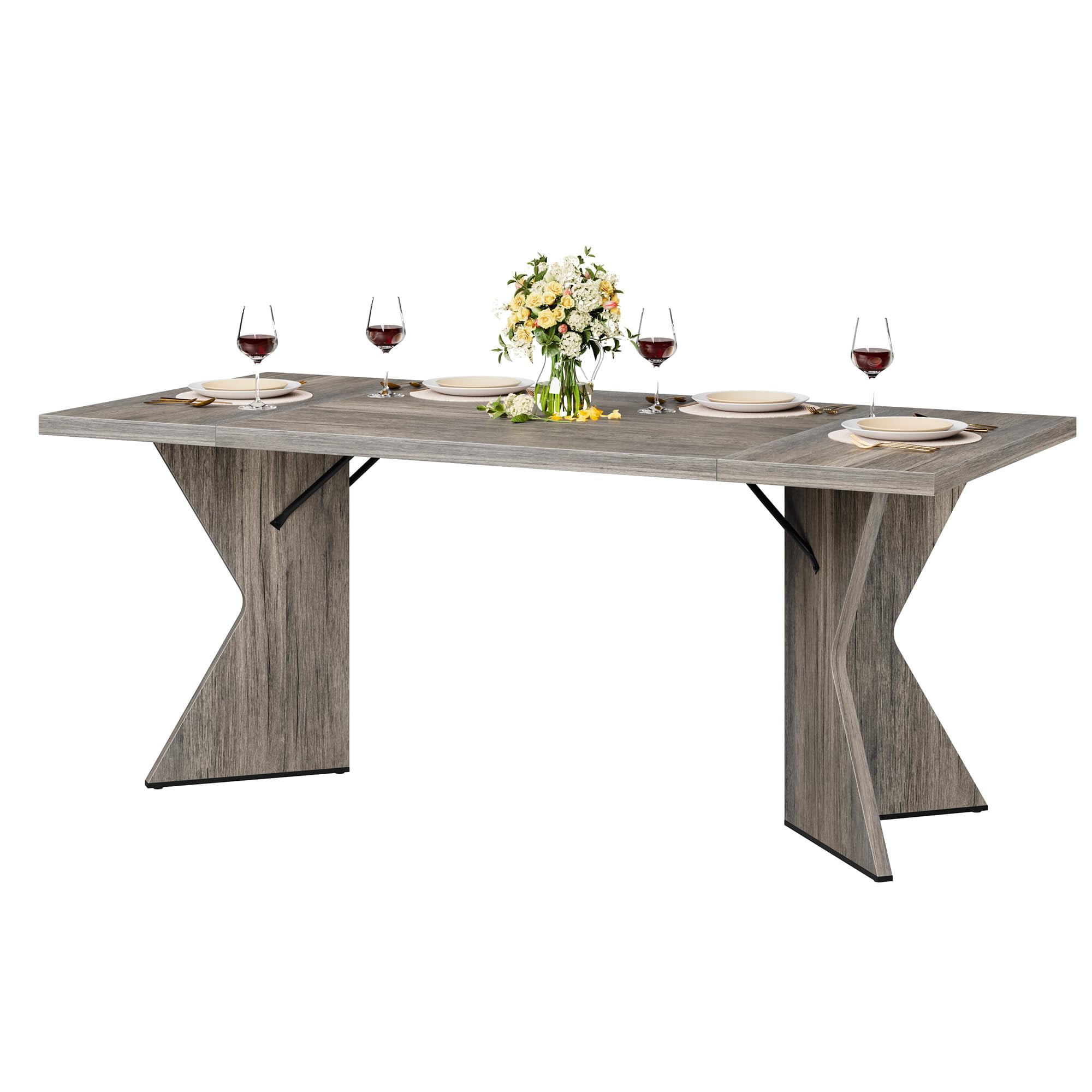 71 in Dining Table for 6-8, Farmhouse Rectangular Kitchen Table with V Leg & Sturdy Frame, Wooden Thickened Long Desk for Dining Room, Kitchen, Office, Gray