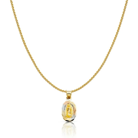 Ioka-14K Tri Color Gold Diamond Cut Our Lady of Guadalupe Stamp Charm Pendant with 0.9mm Wheat Chain Necklace - 16"