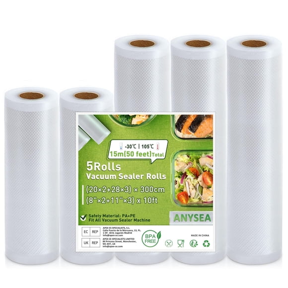 Anysea Vacuum Sealer Food Saver Bags - Sac Sous Vide Rouleau Alimentaire,8 11 inch 10 feet 5 Rolls, BPA Free Vacuum Seal Rolls for Commercial/Family,Seal a Meal Vacuum Sealing Bags