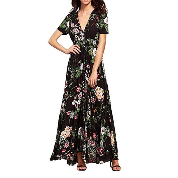 SAYOO Vestido bohemio femenino, estampado de flores de verano con cuello en V corto / media manga de una pieza para damas, S / M / L / XL / XXL SAYOO moda