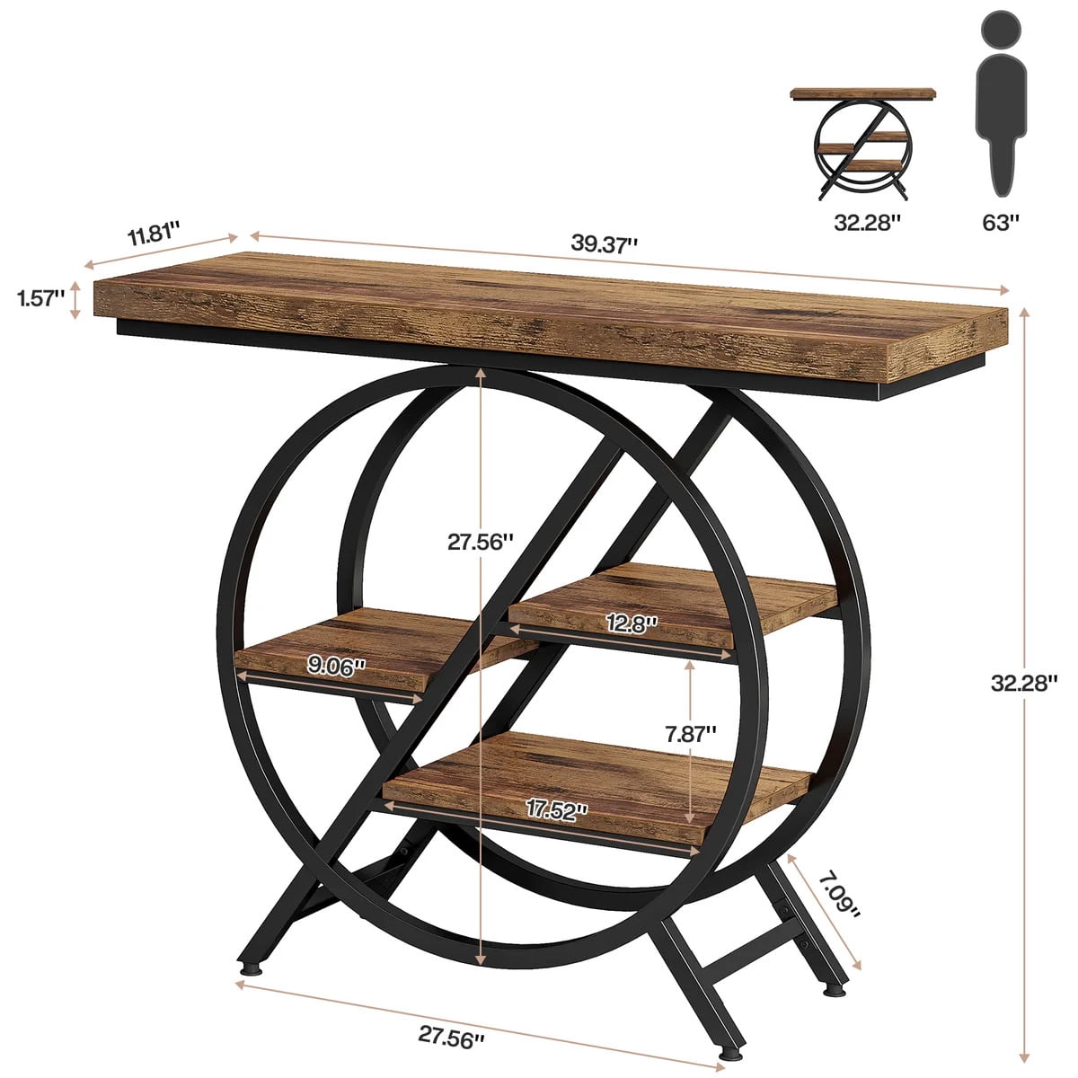 MAYEERTY 39.37" Industrial Console Table with Metal Frame, Rustic Wood Narrow Entryway Table with 3-Tier Shelves, for Living Room, Hallway, Foyer