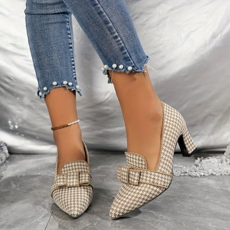 

Women‘s Houndstooth Print Pumps Bowknot Decor Casual Shallow Mouth Shoes Point Toe Versatile Chunky Heels