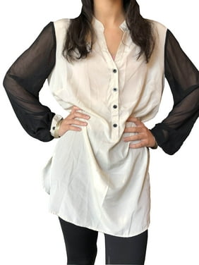 Mogul Women Boho Casual Shirt , Soft Crepe Black Ivory Long Blouse, Sheer Sleeves, Bohemian Summer Blouse L/XL