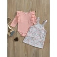 thumbnail image 3 of Qmyliery Infant Baby Girl Clothes Set, Solid Long Sleeve Crew Neck Ruffle Romper + Leopard Overall Suspender Skirt, 3 of 8