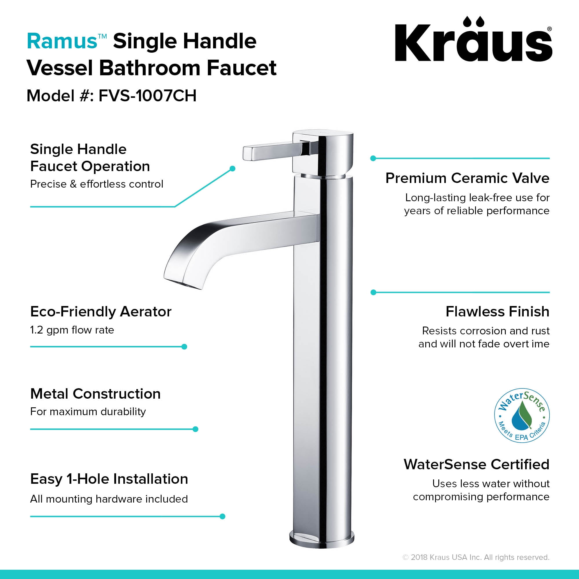 KRAUS Ramus Tall Vessel Bathroom Faucet, Chrome Finish