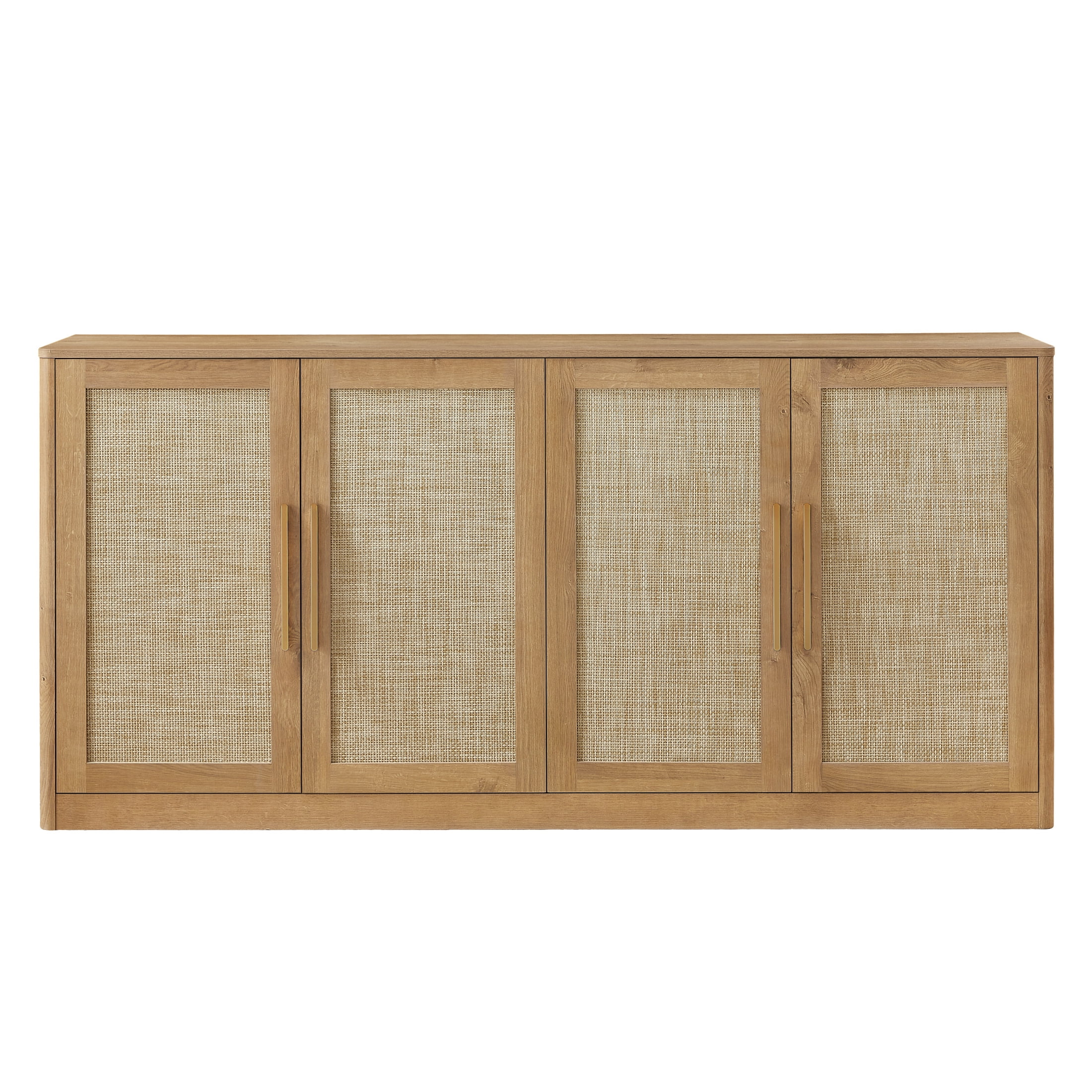 Noble House Prado 67" Rattan 4-Door Buffet Cabinet, Boho Sideboard Credenza with Gold Handles for Living Room, Caramel
