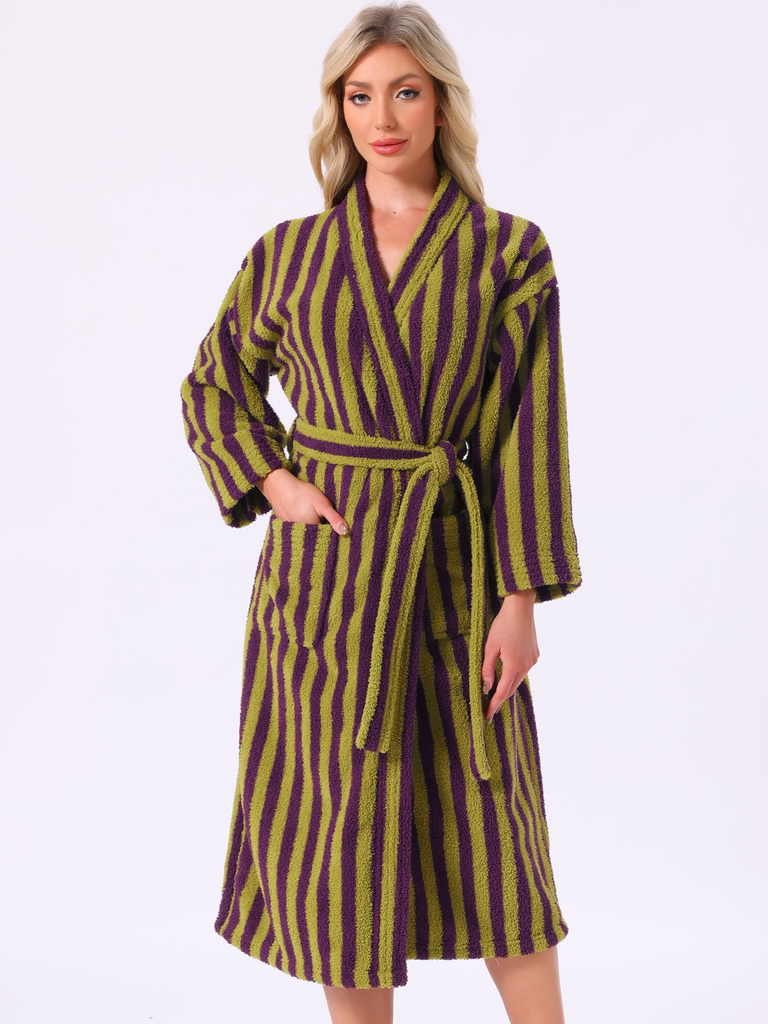 DARING DIVA Women's Fleece Fluffy Belt Full Length Striped Plush Bath Robe L Green