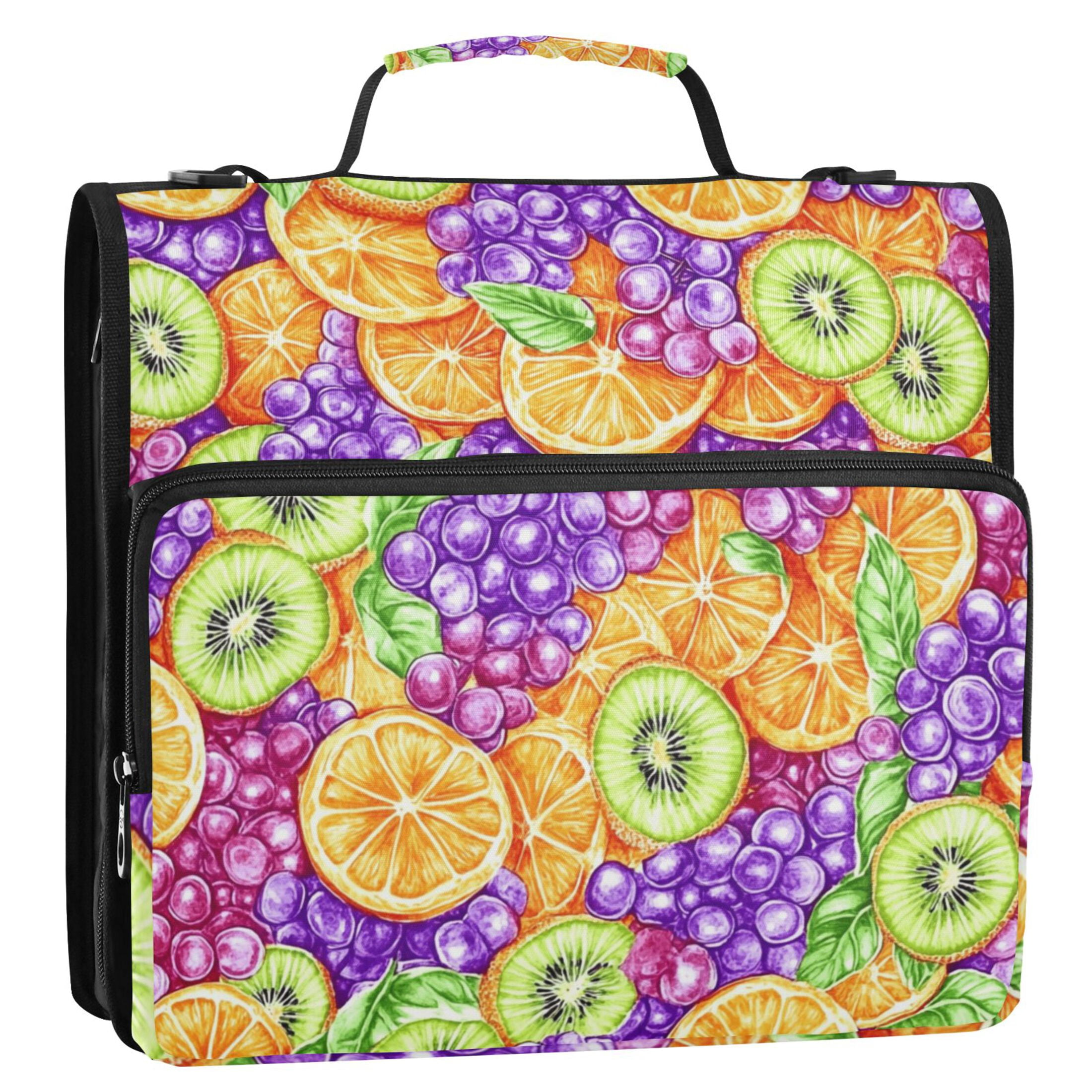 3 Ring Zipper Binder with Shoulder Strap Waterproof Trapper Keeper 2 Inch D-Ring 500 Sheets Capacity Kiwi Oranges Slices Grape
