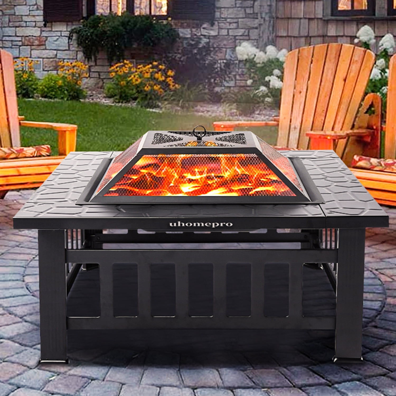 HomGarden 32 Fire Pit Outdoor Patio Square Metal Heater Deck Firepit Backyard Garden Home Stove Burning Fireplace w/Spark Screen,Poker,Cover,Grill 