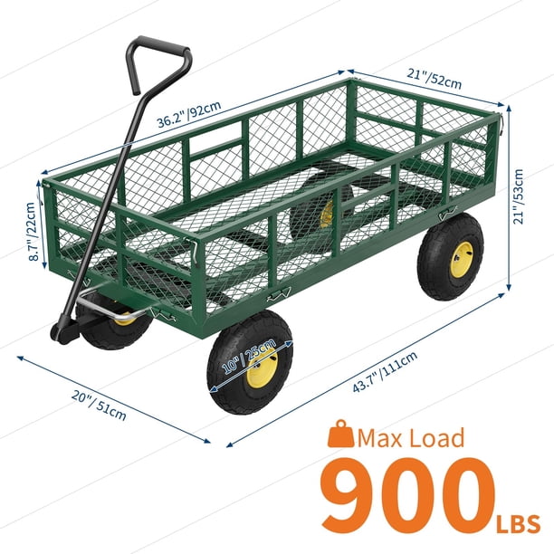Historyli Carro de Jardín Acero Remolque, Laterales Desmontables, Llantas 10", Maneral Giratorio, Negro/Verde