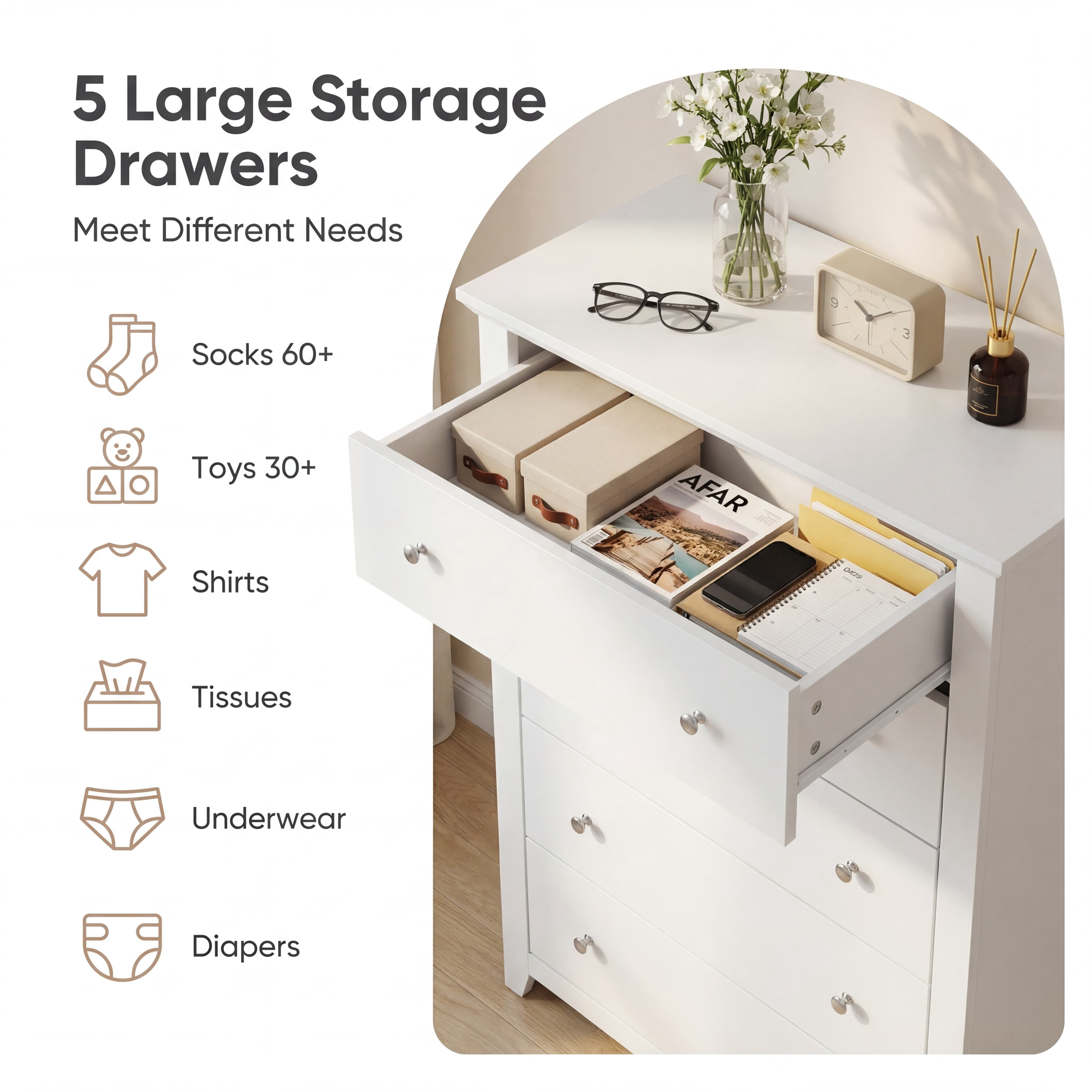 TrumanPick White Dresser for Bedroom, Tall Chest of Drawers for Living Room, Wooden Dressers 31.2"W x 17"D x 47"H for Nursery Hallway Closet