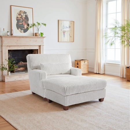 DREAMSIDEA Oversized Accent Chair with Ottoman for Living Room Faux Fur Accent Armchair Single Reading Chair Set with Pillow Indoor Chaise Lounge Sofa Bed Beige
