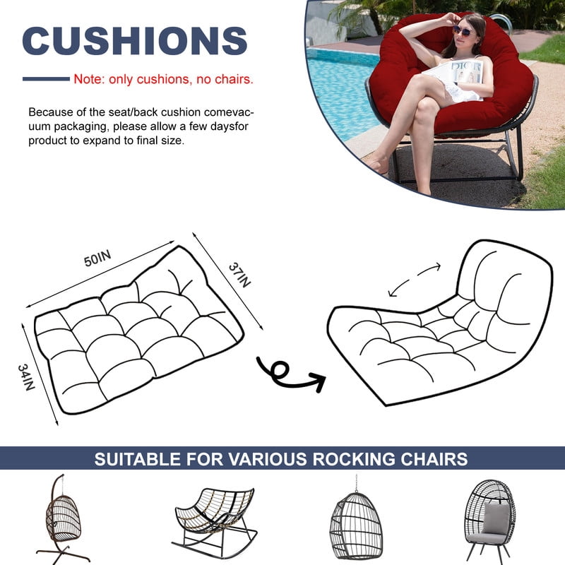 Outdoor Egg chair cushion replacement,Waterproof hanging hammock swing chair cushions,Papasan Rocking Chair pad for Patio Bedroom Porch Garden（Red）
