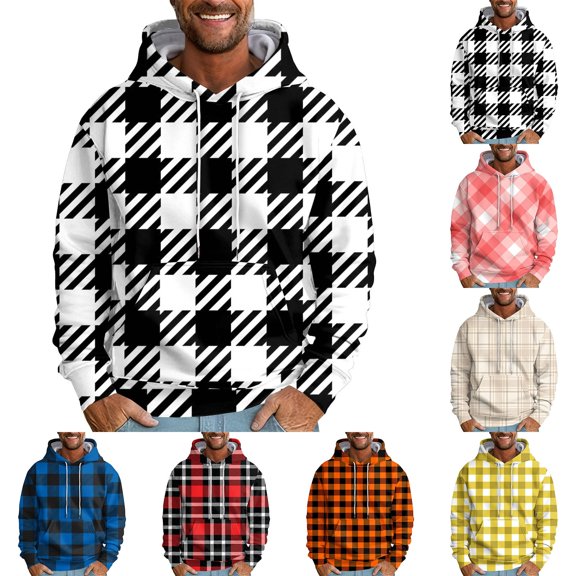 Men's Loose Fit Plaid Print Hoodie, Casual Long Sleeve Pullover Sweatshirt, Soft Fleece Streetwear for Fall Winter, Christmas Holiday, Lounge and Travel,Black,L