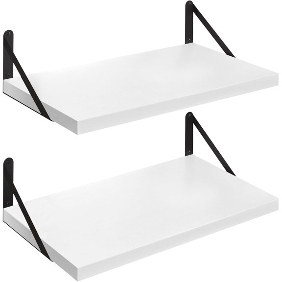 Floating Shelves Wall Bookshelf for Bedroom Bathroom Living Room Wood Wall Mounted Wide Deep Storage, White Painted 24 Inch Wall Shelves Set of 2