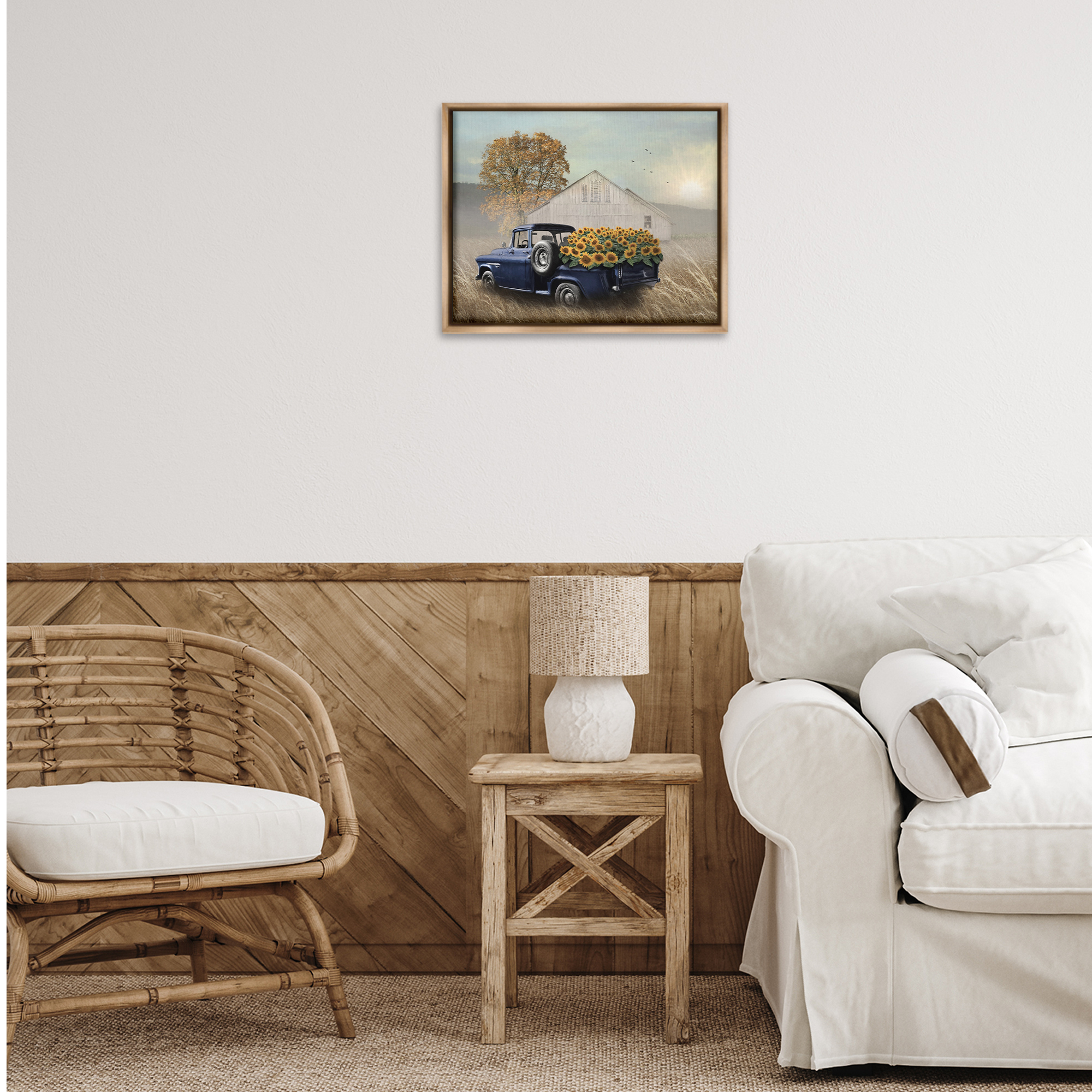 Stupell Industries Sunflower Filled Truck Transportation Painting Brown Floater Framed Canvas Art Print Wall Art, 21 x 17
