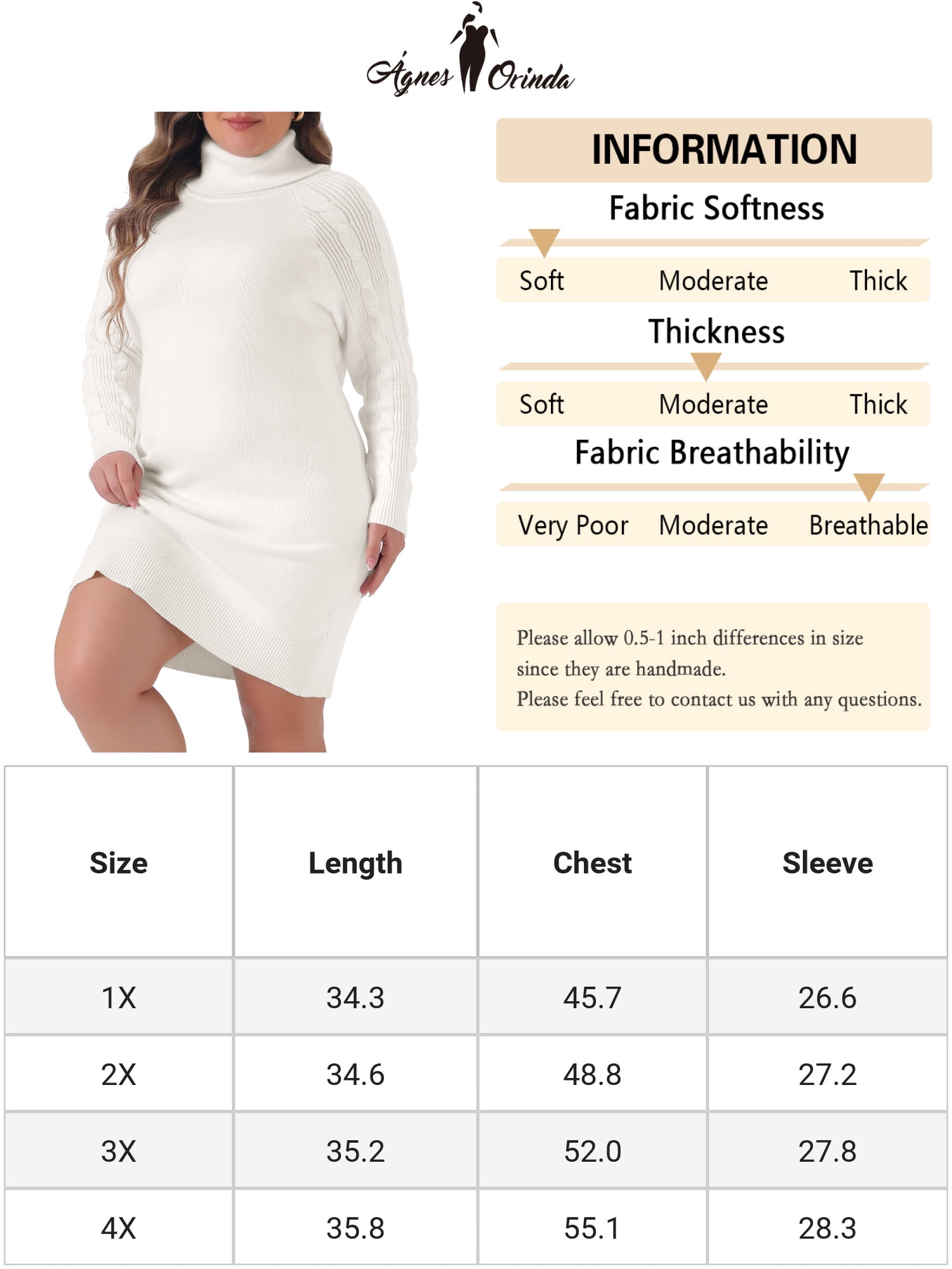 DARING DIVA Plus Size Long Sleeve Turtleneck Warm Pullover Mini Dress 4X White