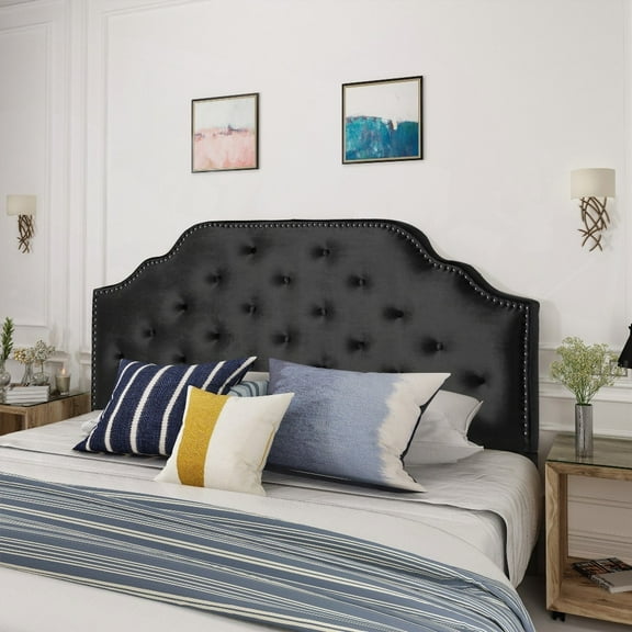 Queen Size Headboard with Tufted Upholstery, Solid Wood & Metal Legs, Nailhead Trim & Adjustable Height