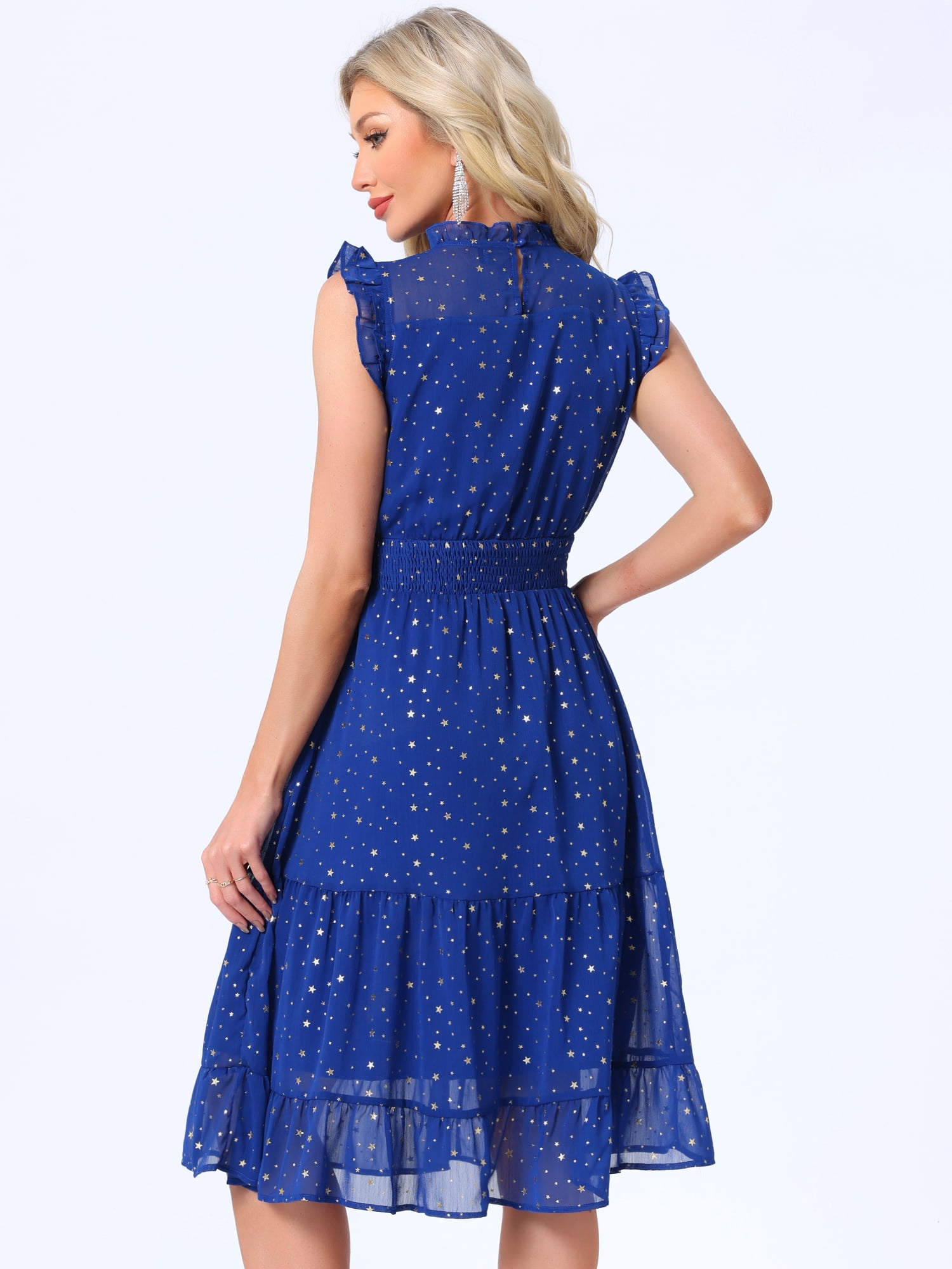 DARING DIVA Women's Gilding Metallic Stars Chiffon Jewel Neck Dresses L Royal Blue