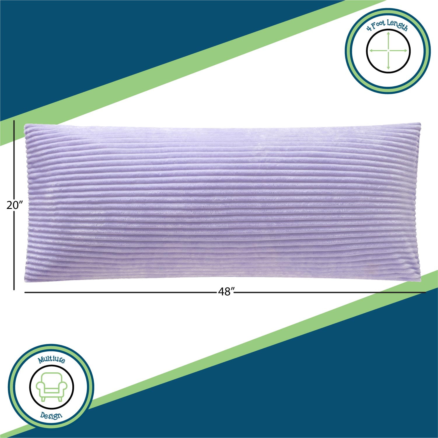 Your Zone Ribbed Body Pillow with Removable Cover, 48 in x 20 in, Lilac