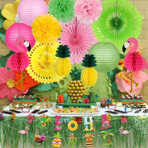 14 Pcs Tropical Luau Party Decorations with 21 Inch 3D Flamingo Honeycombs, Paper Fans, Lanterns, Pom Poms, Banner for Hawaiian Birthday Summer Beach Classroom Decor