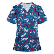 Flywake plus size tops for women Women Scrubs Top Women's Working Uniform Nursing Uniform With Two Pockets Short Sleeve V-neck Summer Blouse