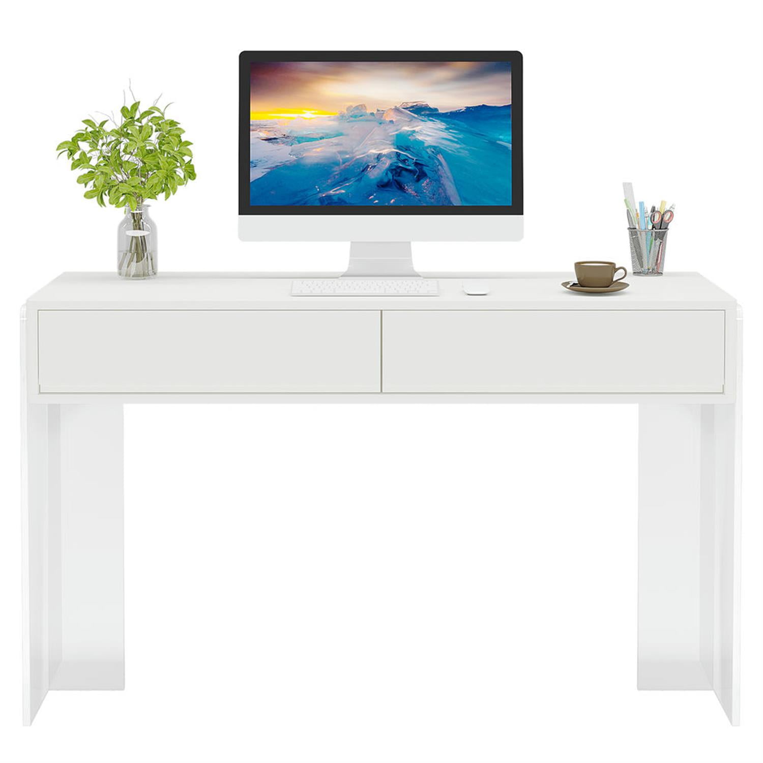 Demi Bonn 40" Computer Desk with 2 Storage Drawers and Acrylic Legs, Modern Study Writing Gaming Table for Home Office, Makeup Vanity Desk, White