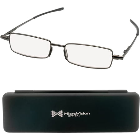 Microvision Flat Folding Reading Glasses, Gunmetal Frame, 1.5x Magnification For Women and Men, Compact, Portable, Durable