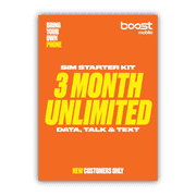 Boost Mobile Preloaded SIM Card, Bring Your Own Device, 3month Plan - Unlimited Talk/Text and Data