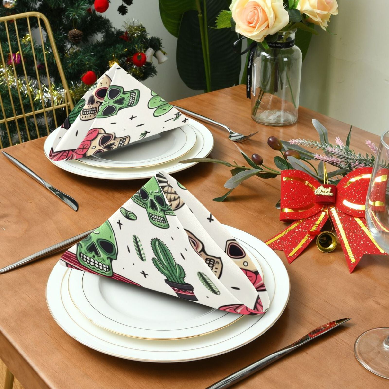 JSTEL Skull Cactus Cloth Napkins Set of 6, 20x20 Inch Washable and Reusable Napkin for Decoupage Dinner Party Everyday Use