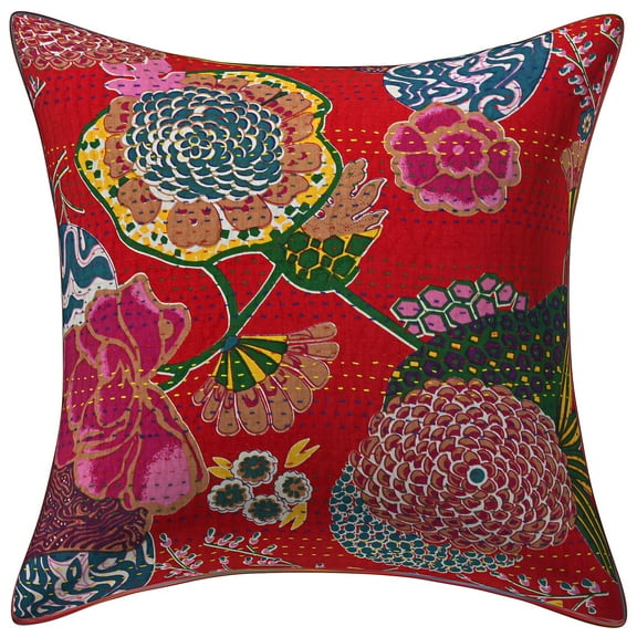 Stylo Culture Ethnic Decorative Throw Pillow Cover 16x16 Kantha Red Printed 40x40 cm Living Room Decor Cotton Tropicana Square Cushion Cover | 1 Pc