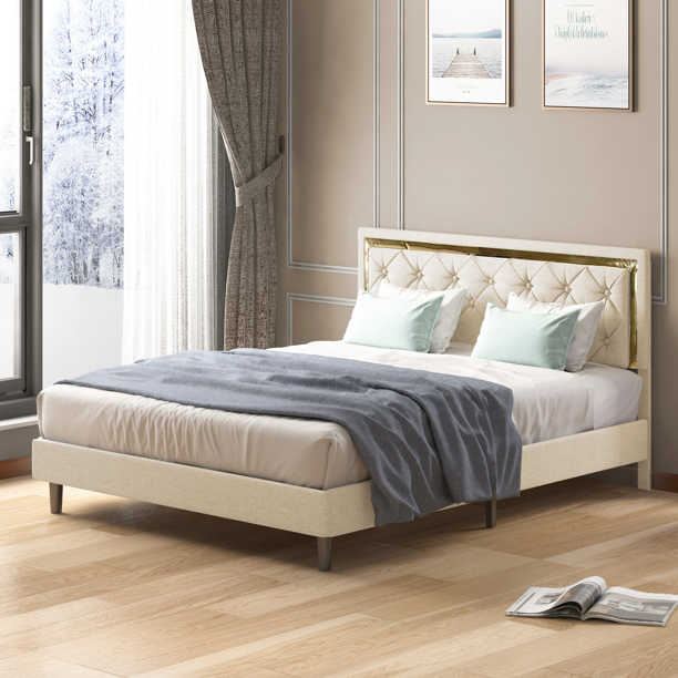 MUZZ King Size Bed Frames with Gold Edge Headboard Design, Upholstered
