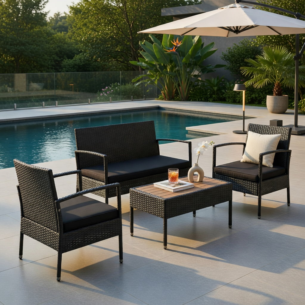 Hommoo 4-Piece Outdoor Rattan Patio Furniture Set with Acacia Wood Coffee Table, Wicker Sofa & Loveseat with Removable Cushions for Backyard, Balcony, or Poolside, Black