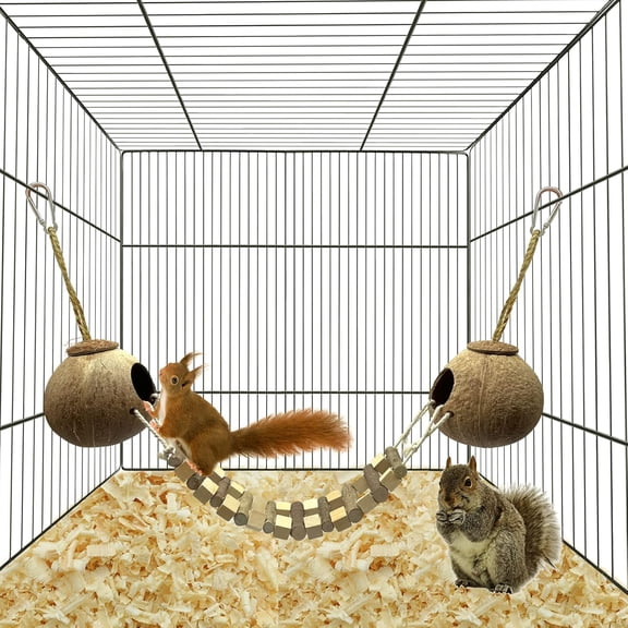 Coconut Bird Nest Hut with Ladder Hanging Hide House for Cage Natural Coco Shell Hideaway for Parakeet Lovebirds Finch Hamster Gecko Squirrel Climbing